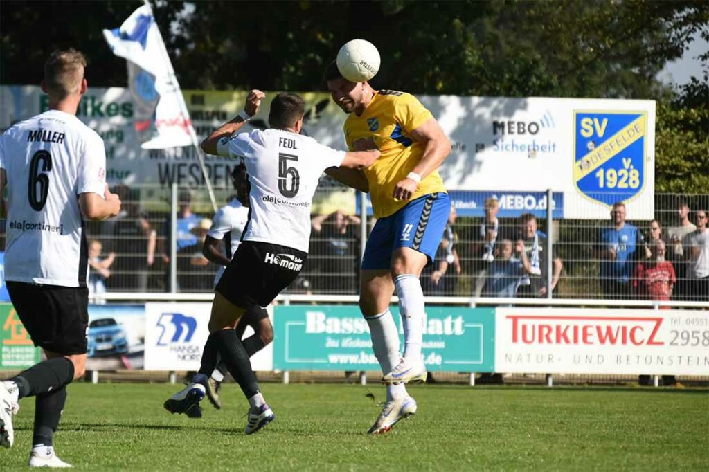Kapitän Jonas Fedl (Meppen) gegen Morten Liebert (SV Todesfelde). © 2024 Olaf Wegerich Kapitän Jonas Fedl (Meppen) gegen Morten Liebert (SV Todesfelde). © 2024 Olaf Wegerich